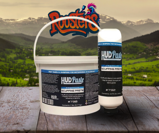 HUD Scuff Paste in 22 Fl oz squeeze tube and 7 lb tub, designed for paint prep and surface cleaning on auto panels and bumpers