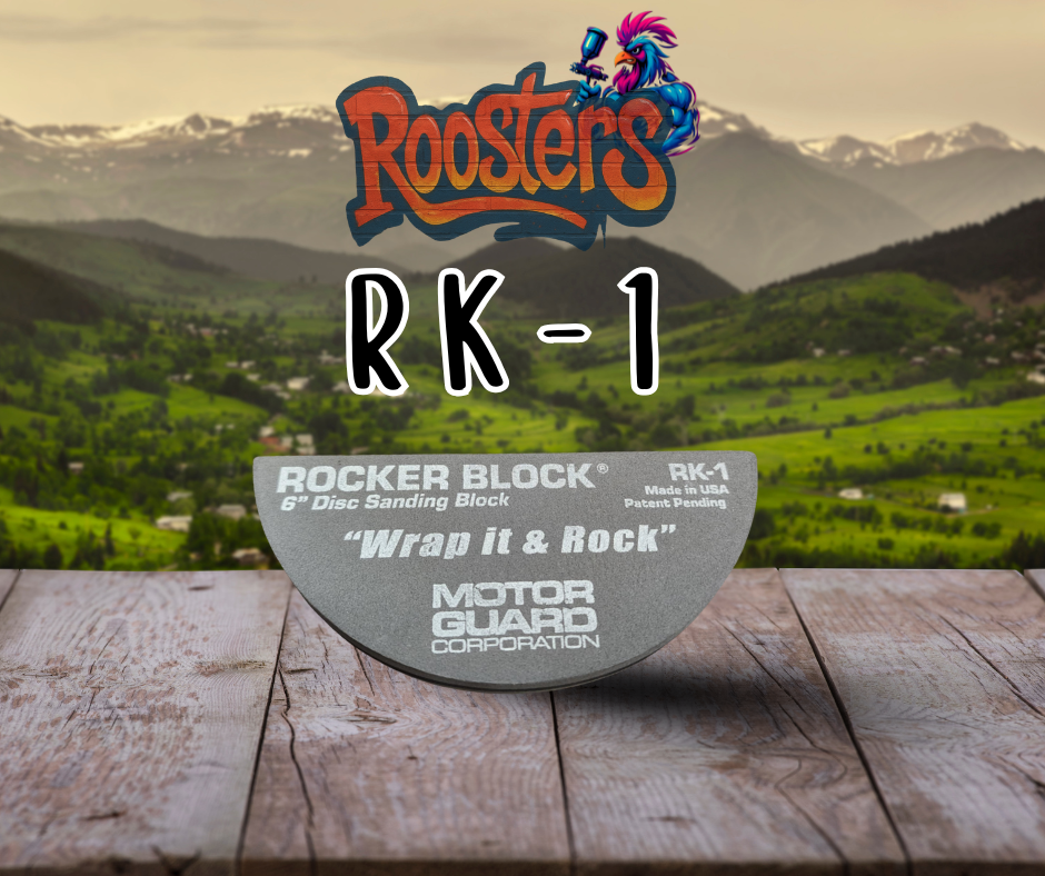 RK-1 Rocker Block®: Rocker Block with radiused edge and ergonomic grip, designed for use with 6" PSA sanding discs.