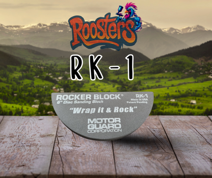 RK-1 Rocker Block®: Rocker Block with radiused edge and ergonomic grip, designed for use with 6" PSA sanding discs.