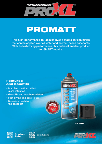 PROXL 1K Clearcoat aerosol series – ProClear Gloss, ProSatin Satin, and ProMatt Matt clear coat spray cans