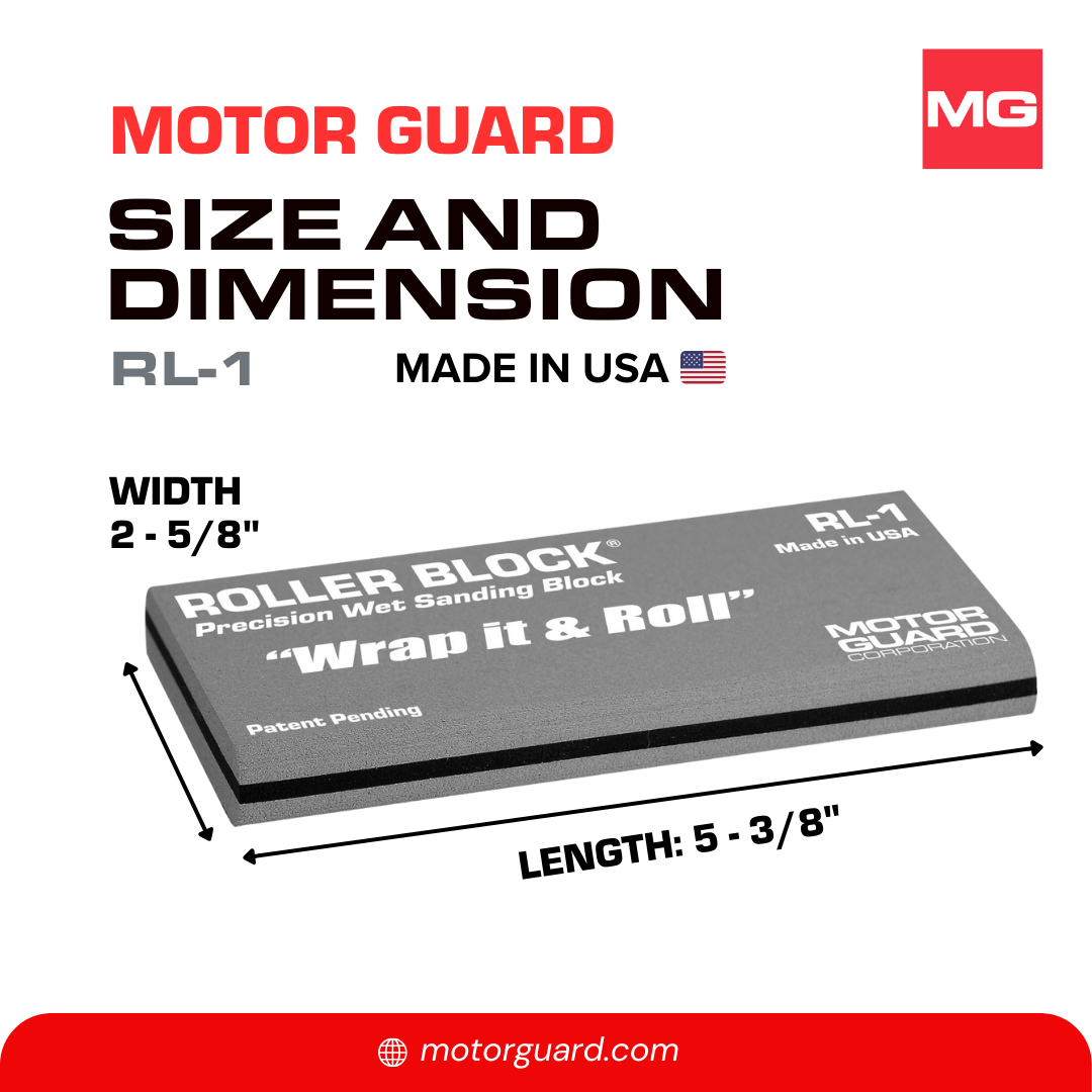 Roller Block with rounded sides for wet sanding, eliminates pressure marks using 5.5"x9" abrasive sheets.